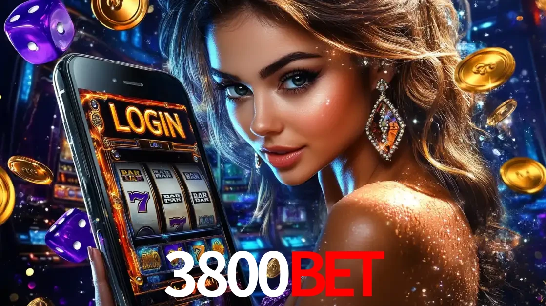 Mulher glamorosa segurando um smartphone com a tela de login para os jogos de caça-níqueis do cassino online 3800BET, com moedas de ouro e dados ao redor.