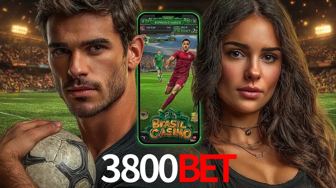 Homem segurando uma bola de futebol e uma mulher ao lado de um smartphone exibindo o jogo de apostas esportivas da 3800BET. Faça seu palpite no cassino online.